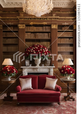 cozy interior of the living room with flowers, bookshelves and sofa 131065611
