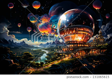 futuristic flying vehicle over the city, aerial view, cityscape, sky at sunset, aerial transportation of future futuristic flying vehicle over the city, aerial view, cityscape, sky at sunset, aerial transportation of future 131065615