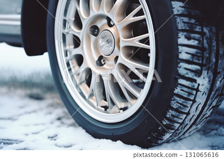 a car wheel on the background of a winter road and a beautiful landscape, snow covered, a concept of traffic safety on a slippery road a car wheel on the background of a winter road and a beautiful landscape, snow covered, a concept of traffic safety on a slippery road 131065616