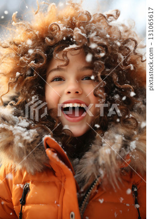 portrait of a child girl enjoying snow and winter portrait of a child girl enjoying snow and winter 131065617