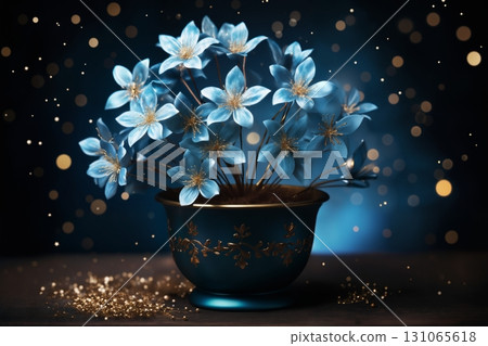 flowerpot with blue flowers as decoration for holidays, on dark background with golden bokeh lights flowerpot with blue flowers as decoration for holidays, on dark background with golden bokeh lights 131065618