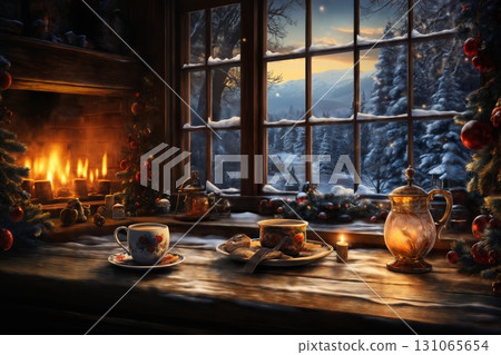 interior of the living room is decorated for the New Year holiday, cups of tea near window, fireplace, a cozy environment, evening, winter season interior of the living room is decorated for the New Year holiday, cups of tea near window, fireplace, a cozy environment, evening, winter season 131065654