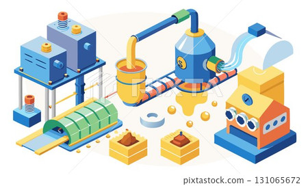 Molten plastic flows into the machines, highlighting the manufacturing process of plastic products. 131065672