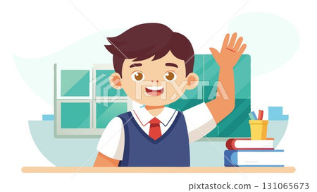 A young elementary school pupil, dressed in a neat uniform, eagerly raises their hand. 131065673