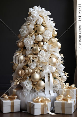 Christmas tree decorated for New Year's holiday on a dark background, with gifts and balls, winter season 131065711