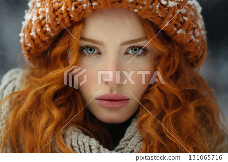 portrait of a beautiful woman in winter, bright sunny day and snow 131065716