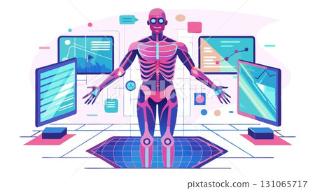 This high resolution image showcases a holographic projection of human anatomy, emphasizing the three-dimensional nature and interactive capabilities of this advanced visualization technology, creati 131065717