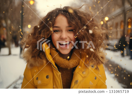 portrait of a beautiful happy woman enjoying winter season 131065719