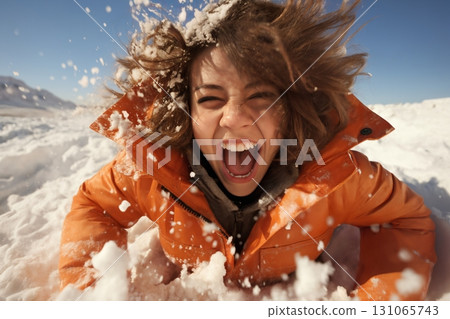portrait of a beautiful happy woman enjoying winter season 131065743