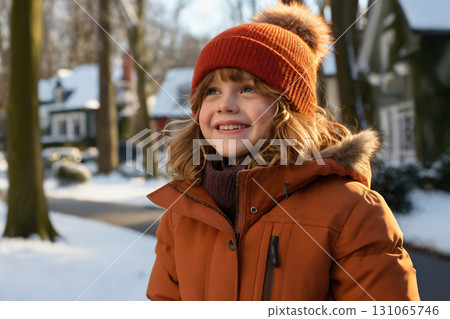 portrait of a child girl enjoying snow and winter portrait of a child girl enjoying snow and winter 131065746