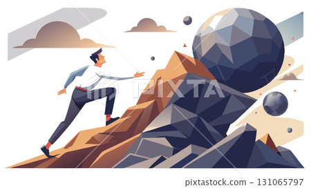 A man carefully makes his way across uneven terrain, approaching a massive boulder. 131065797