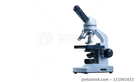 Modern compound microscope with multiple objective lenses and light source, used for scientific research and laboratory analysis, isolated 131065853