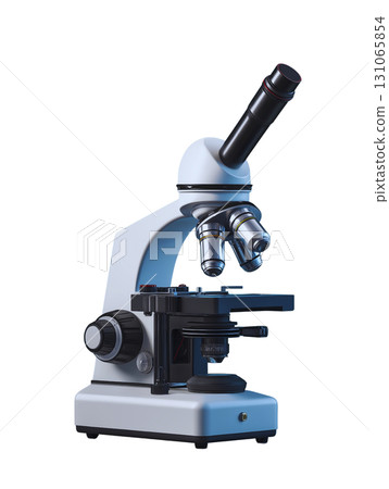 Modern compound microscope with adjustable focus and multiple objective lenses, used for scientific research and educational purposes Modern compound microscope with adjustable focus and multiple objective lenses, used for scientific research and educational purposes 131065854