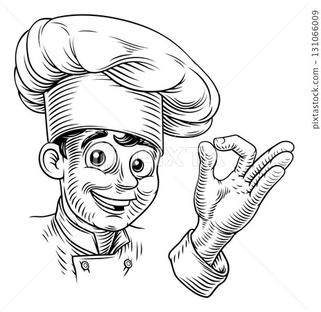 Smiling Chef Baker Cook Woodcut Vintage Drawing Smiling Chef Baker Cook Woodcut Vintage Drawing 131066009