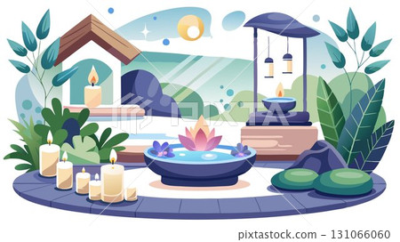 Soft lighting and natural elements in the spa create a serene and relaxing environment. 131066060