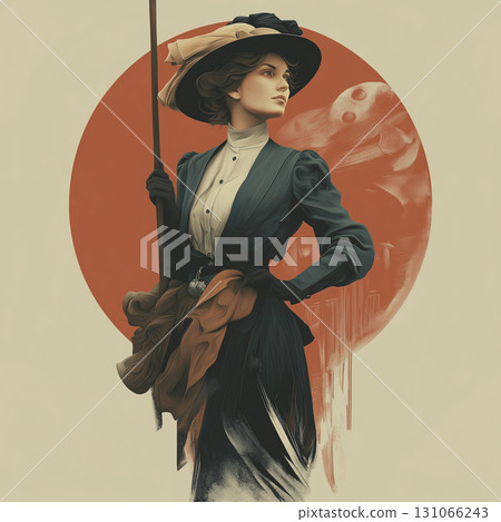 Vintage style portrait of woman historical attire holding walking stick, with large red circle and abstract background elements, evoking strength Vintage style portrait of woman historical attire holding walking stick, with large red circle and abstract background elements, evoking strength 131066243