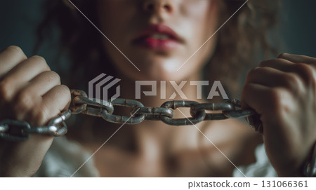 Woman holding broken chain with determined expression, symbolizing breaking free from restrictions or oppression, conveying strength 131066361