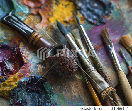 Art supplies including paintbrushes, pipe, and colorful palette with vibrant paint colors on textured surface 131066425