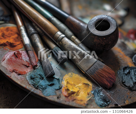 Close up of paintbrushes with colorful paint palette and rustic pipe shaped object, suggesting artist workspace with creative tools and vibrant Close up of paintbrushes with colorful paint palette and rustic pipe shaped object, suggesting artist workspace with creative tools and vibrant 131066426