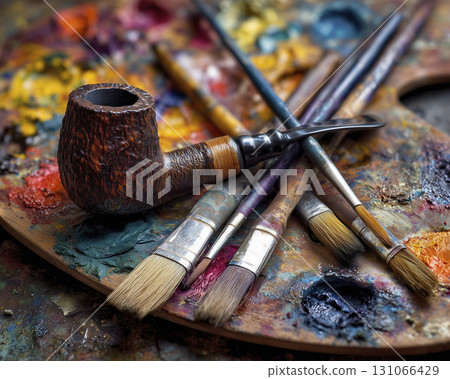 Close up of wooden smoking pipe and paintbrushes colorful artist palette with paint splatters and textures, evoking creativity and craftsmanship 131066429