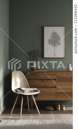 Minimalist interior with green wall, wooden sideboard, and white chair with black cushion, creating calm and modern space with decorative items 131066442