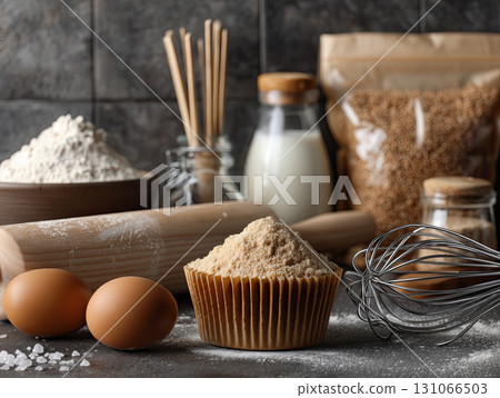 Kitchen counter with baking supplies like flour, eggs, and milk creates cozy and inviting atmosphere for baking enthusiasts. scene includes whisk, rolling pin, and sugar 131066503