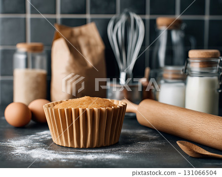 Freshly baked muffin sits on kitchen counter surrounded by baking supplies like flour, eggs, and rolling pin, creating cozy and inviting atmosphere 131066504