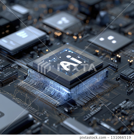 Close up view of futuristic AI chip on circuit board, showcasing intricate details and glowing elements, symbolizing advanced technology and innovation 131066519