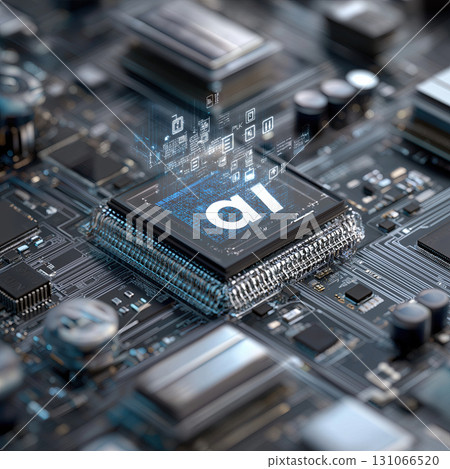 Close up of circuit board features isometric view of AI chip with glowing digital elements, symbolizing advanced technology and innovation 131066520