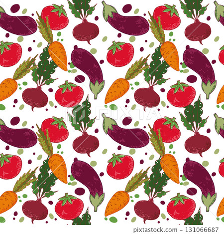 Seamless vector pattern of seasonal vegetables, eggplant, carrots, red tomatoes, beets, greens. All objects are hand-drawn with ink, illustration for printing on textiles, product packaging. Vector Seamless vector pattern of seasonal vegetables, eggplant, carrots, red tomatoes, beets, greens. All objects are hand-drawn with ink, illustration for printing on textiles, product packaging. Vector 131066687