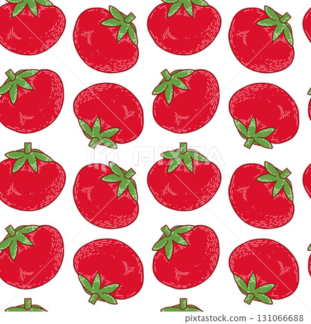 Vector seamless pattern of bright red tomatoes, all objects hand-drawn in vector. The illustration is suitable for printing on kitchen textiles, food packaging, for design. Vector 131066688