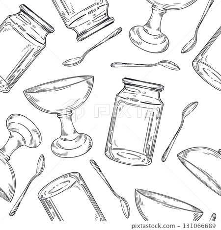 Seamless vector pattern of empty dishes, glass jar for preservation, jam vase, teaspoon. All objects are hand-drawn with ink. Suitable for printing on wrapping paper, fabric. Vector. 131066689