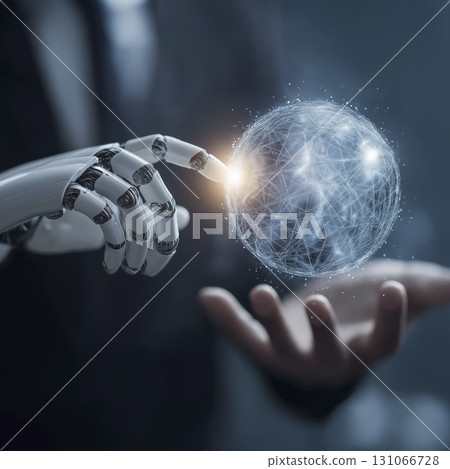 Robotic hand touching digital globe with interconnected lines and glowing points, symbolizing technology and innovation in futuristic setting 131066728