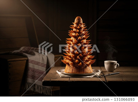Traditional lithuanian sakotis tree cake served with a cup of hot coffee on a rustic table 131066893