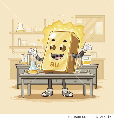 Cartoon character of gold element block with happy face and arms, standing laboratory with scientific glassware and equipment, cheerful Cartoon character of gold element block with happy face and arms, standing laboratory with scientific glassware and equipment, cheerful 131066916