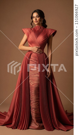 Elegant woman in a stunning avant-garde terracotta pleated evening gown posing in a studio 131066927