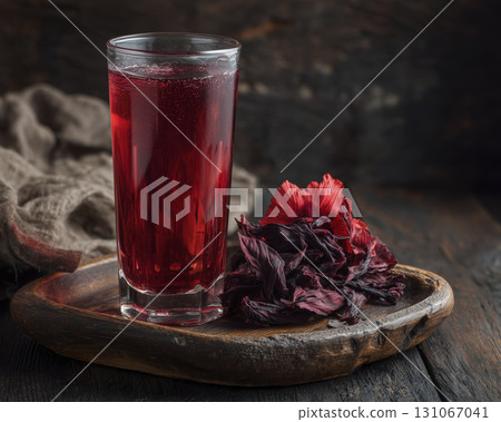 Tall glass of hibiscus tea placed old wooden tray with dried hibiscus flowers beside it, creating rustic and natural aesthetic with dark Tall glass of hibiscus tea placed old wooden tray with dried hibiscus flowers beside it, creating rustic and natural aesthetic with dark 131067041