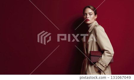 Woman beige trench coat holding burgundy handbag against deep red background stylish and confident fashion portrait elegant look modern fashion Woman beige trench coat holding burgundy handbag against deep red background stylish and confident fashion portrait elegant look modern fashion 131067049