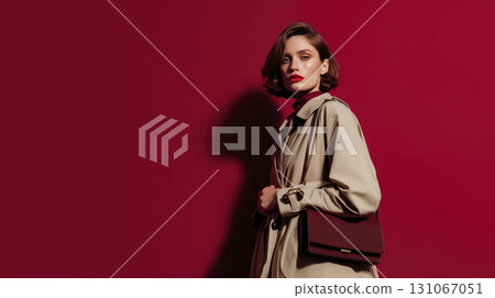 Woman with short wavy hair and red lipstick wearing beige trench coat and carrying burgundy handbag stands against deep red background 131067051