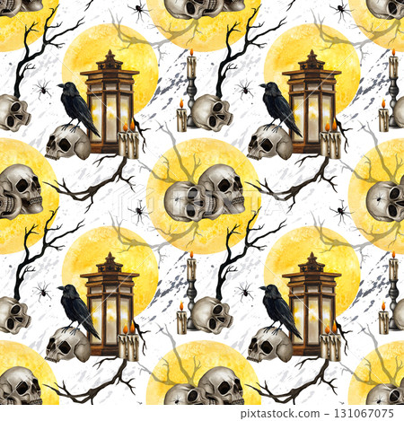 Halloween seamless pattern skulls, black ravens, lantern, branches, candelabrum with burning candle, yellow full moon. Watercolor illustration isolated from background for Day of the Dead decoration. 131067075