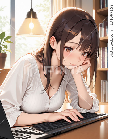 一位整潔的女士在共享辦公空間裡專心工作 131067158