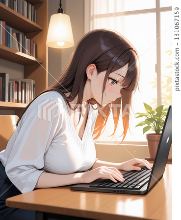 一位整潔的女士在共享辦公空間裡專心工作 一位整潔的女士在共享辦公空間裡專心工作 131067159