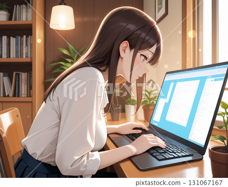 一位整潔的女士在共享辦公空間裡專心工作 一位整潔的女士在共享辦公空間裡專心工作 131067167