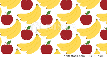 Hand Drawn Red Apple and Bananas Bunch Seamless Pattern Banner Format Seasonal Harvesting Background 131067300