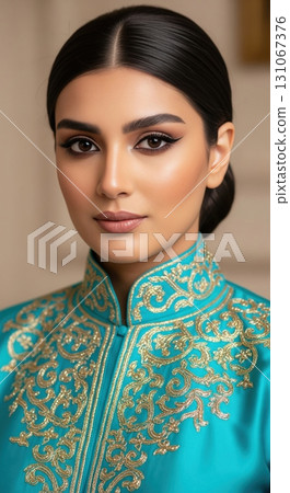 Beauty portrait of an elegant woman in a turquoise kaftan with intricate gold embroidery Beauty portrait of an elegant woman in a turquoise kaftan with intricate gold embroidery 131067376