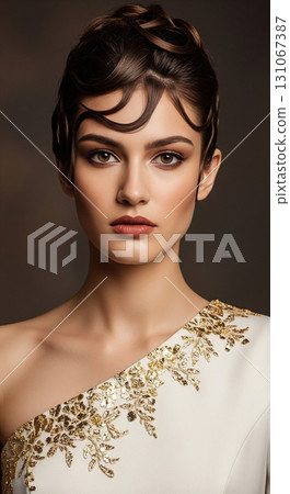 Stunning woman with a classic updo hairstyle wearing a white one-shoulder fashion gown Stunning woman with a classic updo hairstyle wearing a white one-shoulder fashion gown 131067387