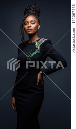 Elegant black woman with dreadlocks in a black dress with a beaded hummingbird embroidery 131067388
