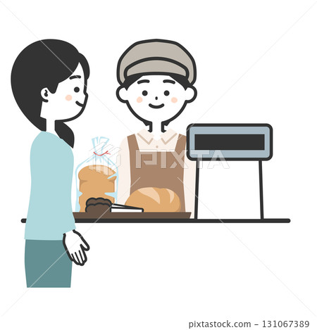 Illustration of a woman buying bread and a female cashier wearing an apron and hat Illustration of a woman buying bread and a female cashier wearing an apron and hat 131067389