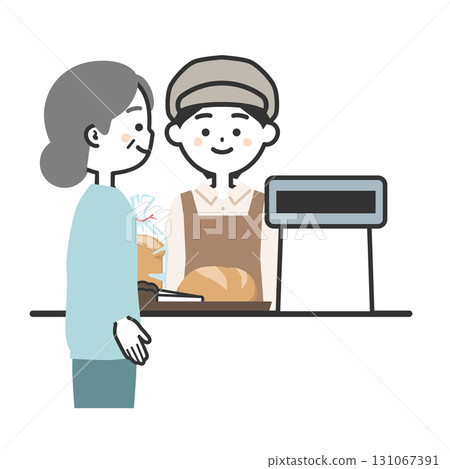 Illustration of an elderly woman buying bread and a female cashier wearing an apron and hat 131067391