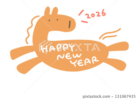 新年賀卡上有一匹奔跑的馬和「新年快樂」2026 年手寫訊息 131067435